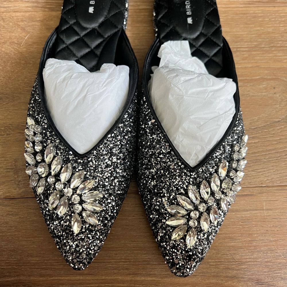 Birdies The Swan jeweled gunmetal sparkle Black Glitter Embellished Mules